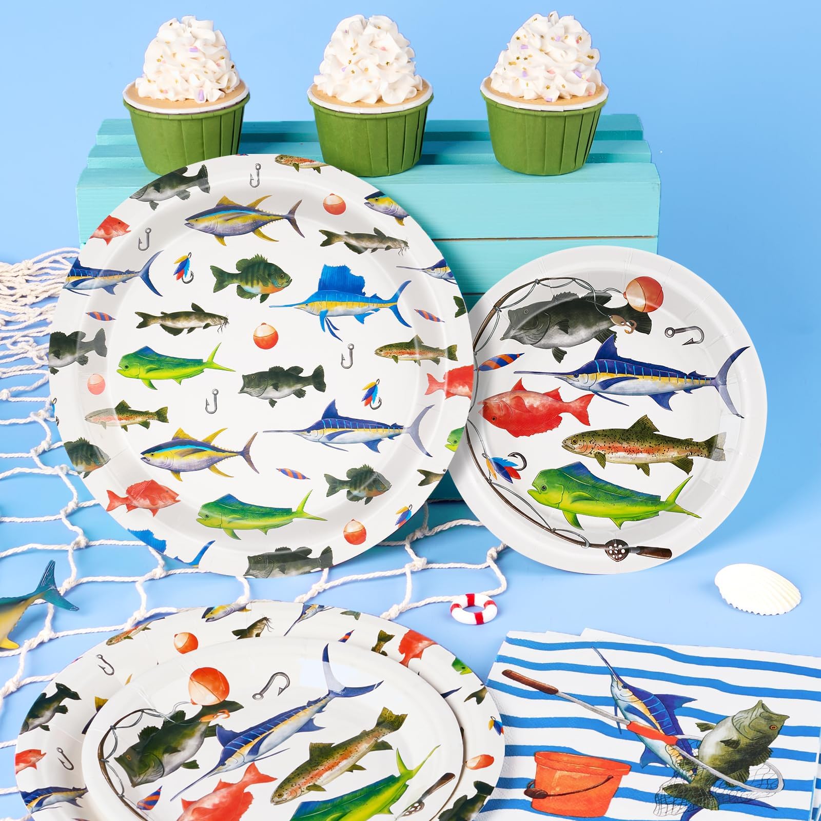 WERNNSAI 48-Piece Fishing Party Tableware Set - Disposable Plates and Napkins for 16 Guests