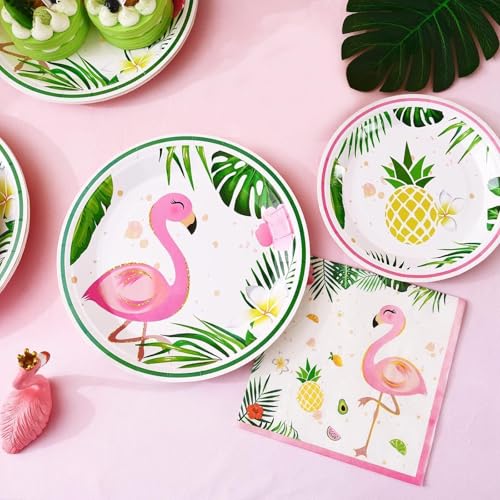 WERNNSAI 48-Piece Flamingo Party Tableware Set - Tropical Dinner Plates, Dessert Plates & Napkins for 16 Guests