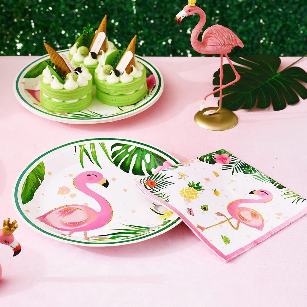 WERNNSAI 48-Piece Flamingo Party Tableware Set - Tropical Dinner Plates, Dessert Plates & Napkins for 16 Guests