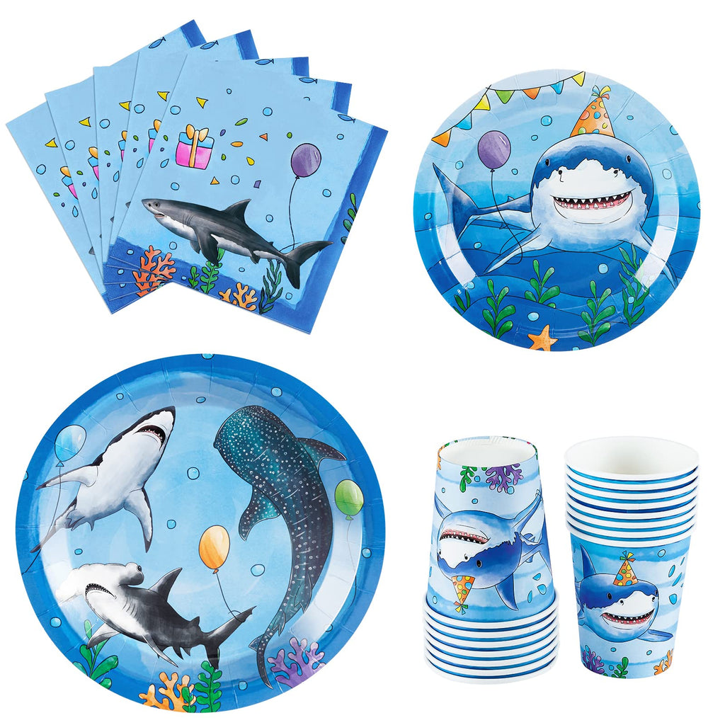 WERNNSAI 64-Piece Shark Birthday Party Tableware Set - Blue Ocean Theme Plates, Napkins, Cups for 16 Guests