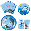 WERNNSAI 64-Piece Shark Birthday Party Tableware Set - Blue Ocean Theme Plates, Napkins, Cups for 16 Guests