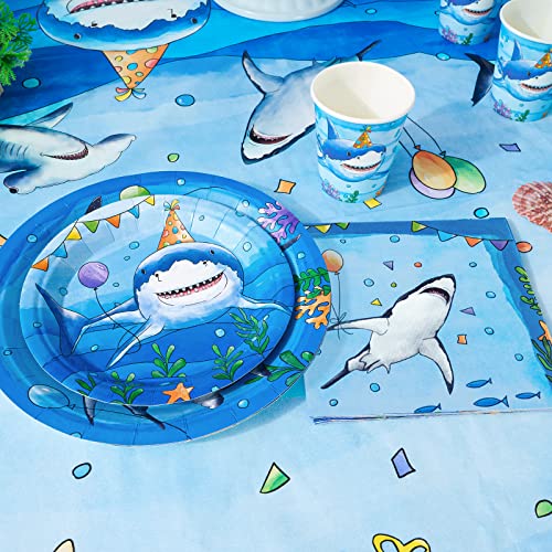WERNNSAI 64-Piece Shark Birthday Party Tableware Set - Blue Ocean Theme Plates, Napkins, Cups for 16 Guests