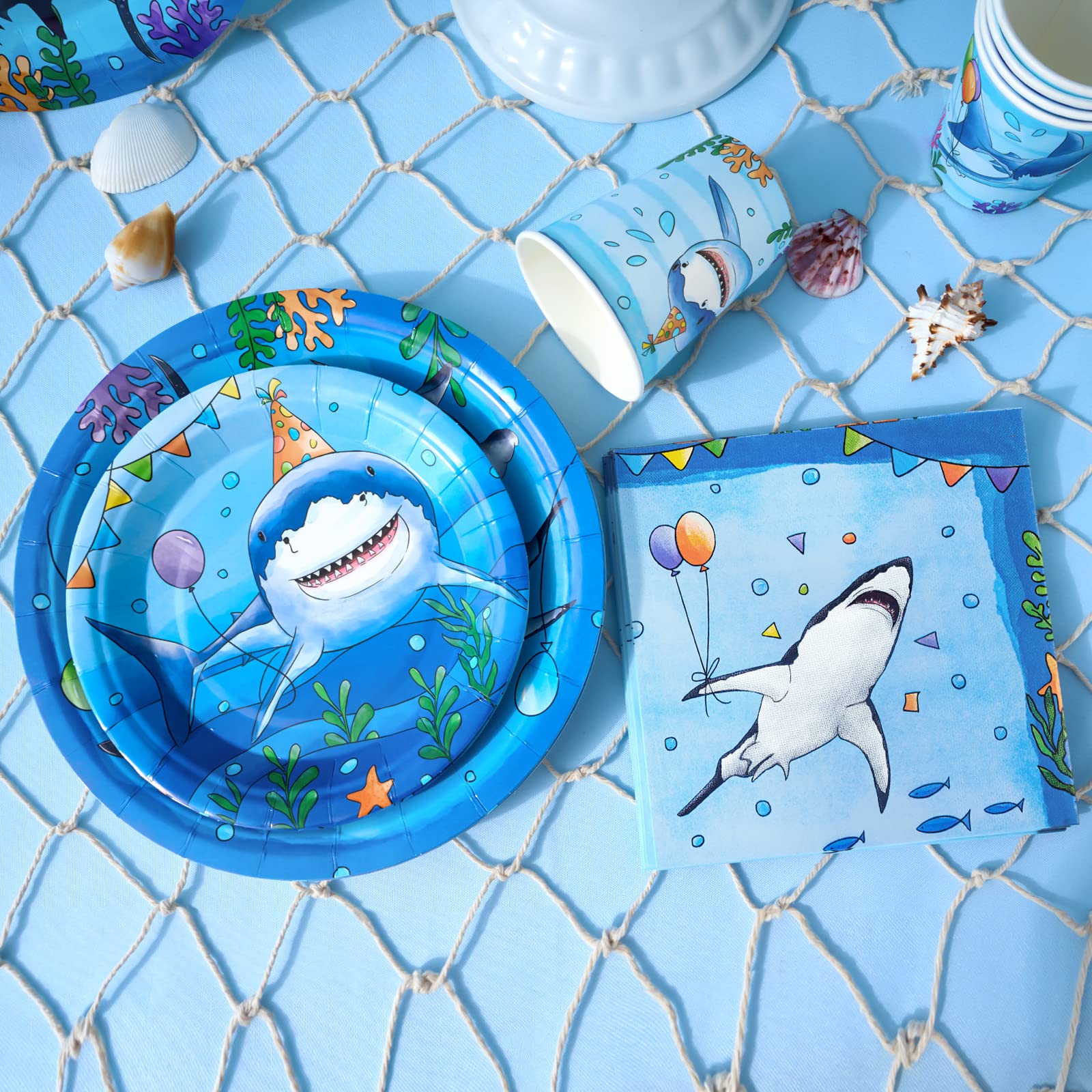 WERNNSAI 64-Piece Shark Birthday Party Tableware Set - Blue Ocean Theme Plates, Napkins, Cups for 16 Guests