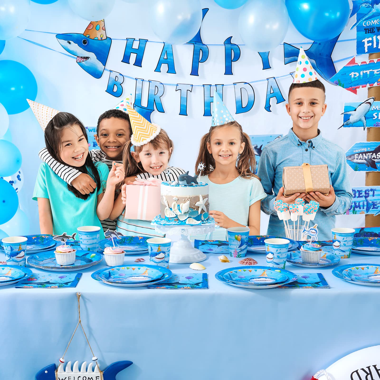 WERNNSAI 64-Piece Shark Birthday Party Tableware Set - Blue Ocean Theme Plates, Napkins, Cups for 16 Guests