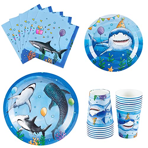 WERNNSAI 64-Piece Shark Birthday Party Tableware Set - Blue Ocean Theme Plates, Napkins, Cups for 16 Guests