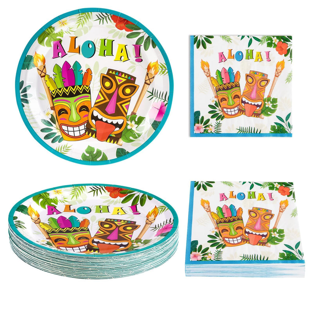 WERNNSAI Hawaiian Luau Disposable Plates and Napkins Set - 50 Plates & 50 Napkins for Tropical Party
