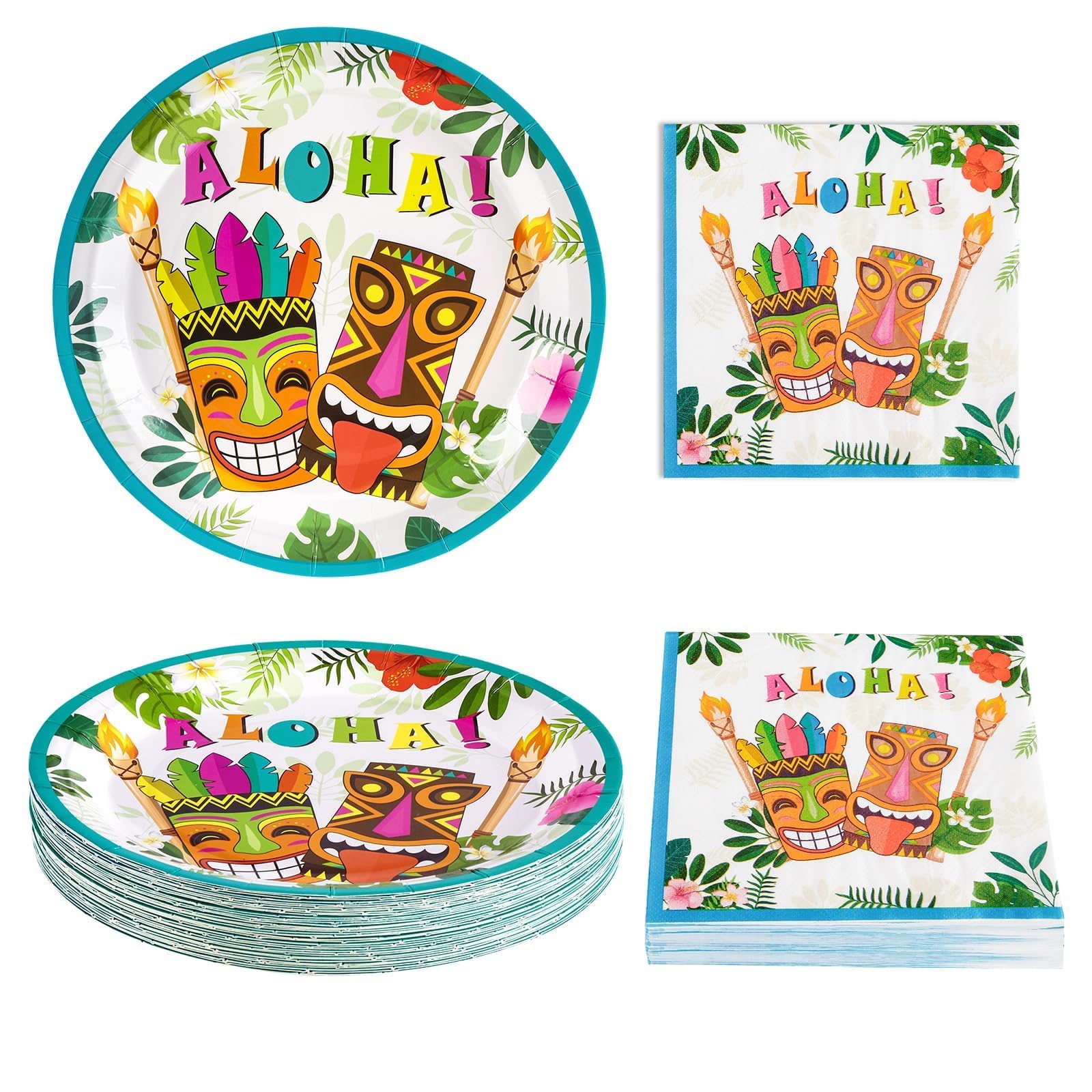 WERNNSAI Hawaiian Luau Disposable Plates and Napkins Set - 50 Plates & 50 Napkins for Tropical Party