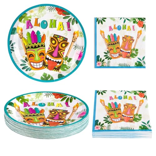 WERNNSAI Hawaiian Luau Disposable Plates and Napkins Set - 50 Plates & 50 Napkins for Tropical Party