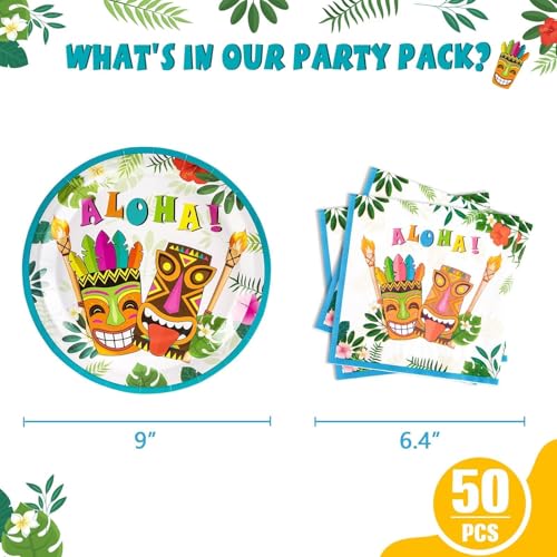 WERNNSAI Hawaiian Luau Disposable Plates and Napkins Set - 50 Plates & 50 Napkins for Tropical Party