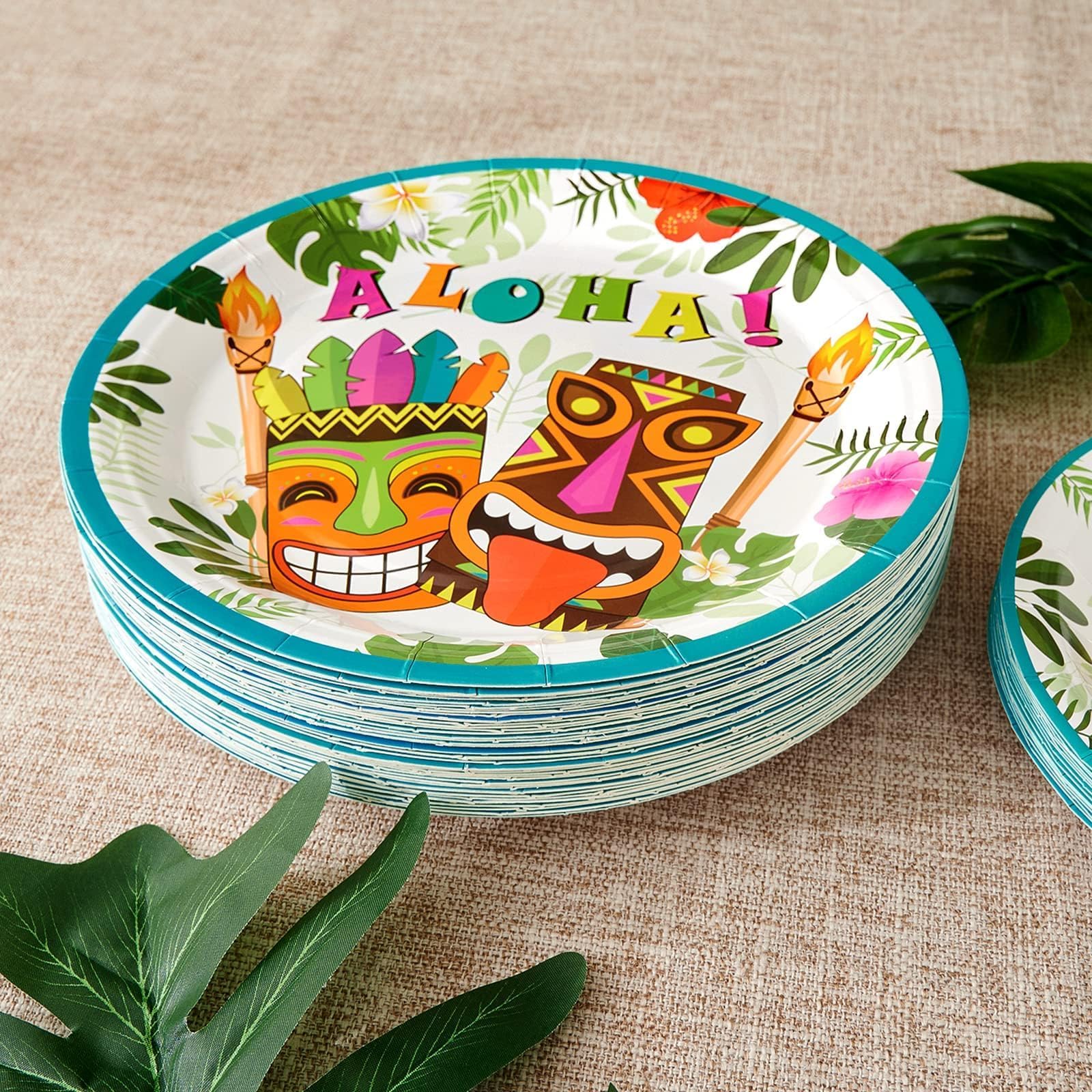 WERNNSAI Hawaiian Luau Disposable Plates and Napkins Set - 50 Plates & 50 Napkins for Tropical Party