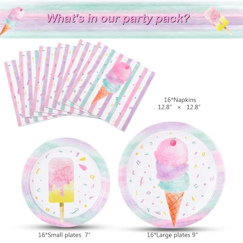 WERNNSAI Ice Cream Plates and Napkins - 48-Piece Disposable Party Set with Popsicle Design for 16 Guests