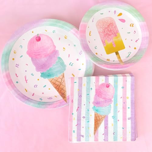 WERNNSAI Ice Cream Plates and Napkins - 48-Piece Disposable Party Set with Popsicle Design for 16 Guests