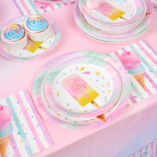 WERNNSAI Ice Cream Plates and Napkins - 48-Piece Disposable Party Set with Popsicle Design for 16 Guests