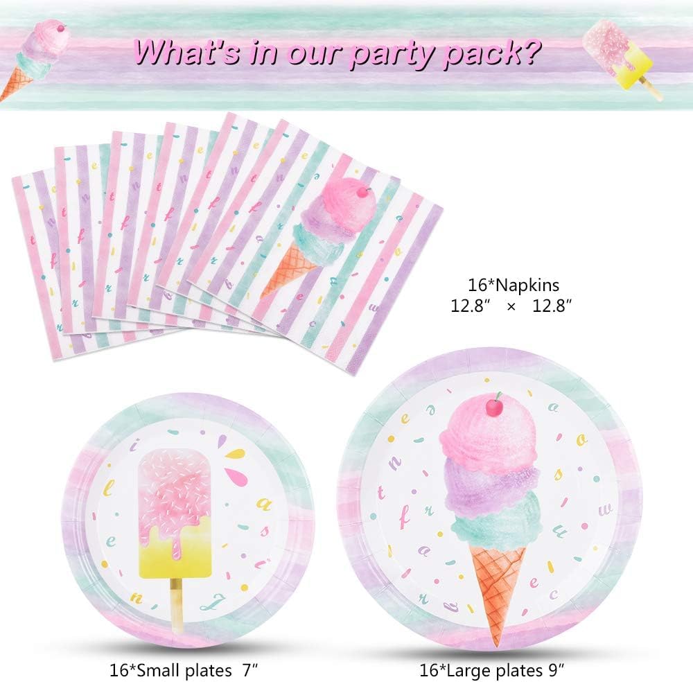 WERNNSAI Ice Cream Plates and Napkins - 48-Piece Disposable Party Set with Popsicle Design for 16 Guests