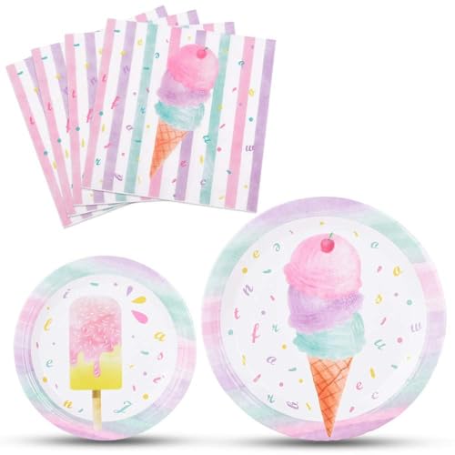 WERNNSAI Ice Cream Plates and Napkins - 48-Piece Disposable Party Set with Popsicle Design for 16 Guests