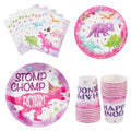 WERNNSAI Pink Dinosaur Party Tableware Set - 64 Pieces Dino Plates, Napkins, Cups for Girls Birthday