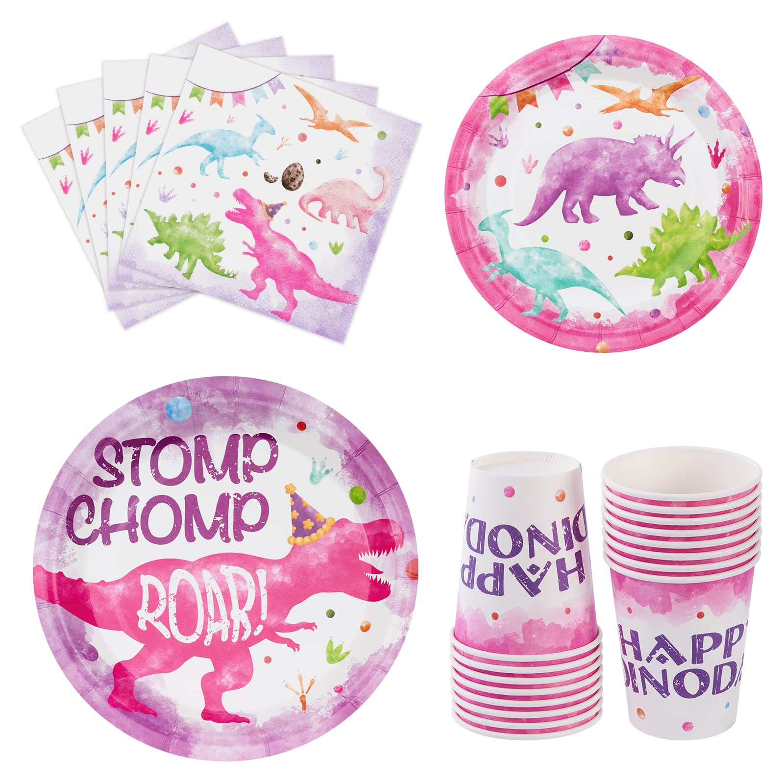 WERNNSAI Pink Dinosaur Party Tableware Set - 64 Pieces Dino Plates, Napkins, Cups for Girls Birthday