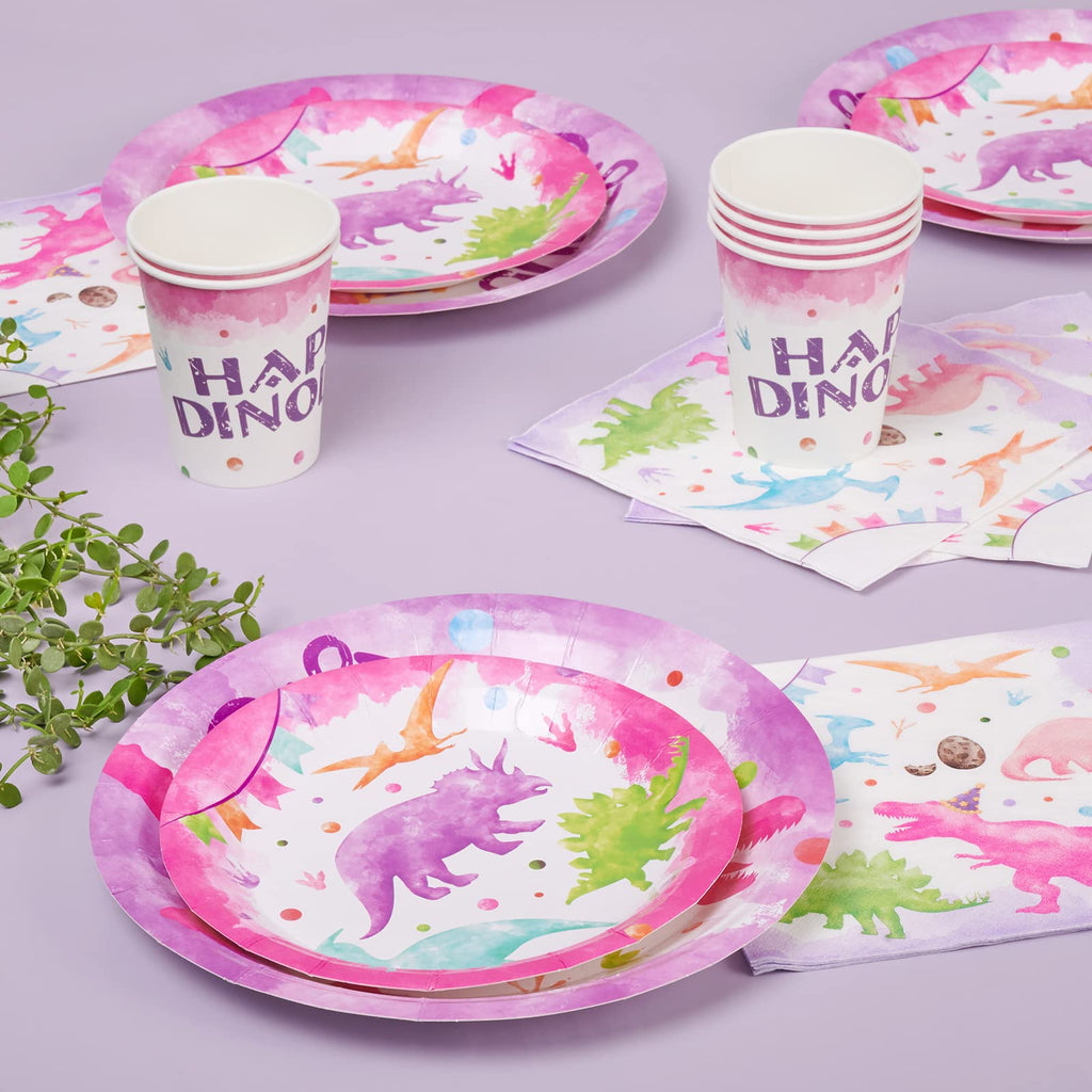 WERNNSAI Pink Dinosaur Party Tableware Set - 64 Pieces Dino Plates, Napkins, Cups for Girls Birthday