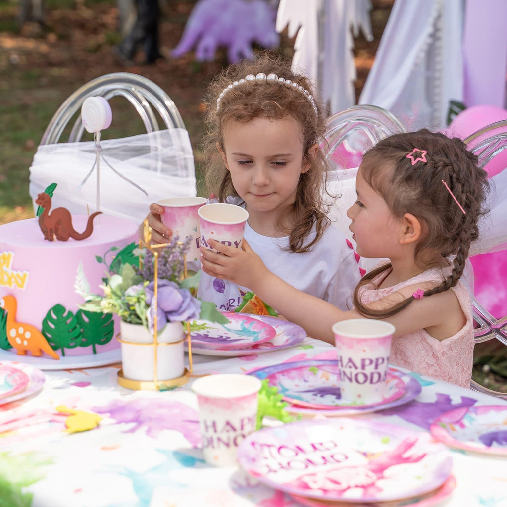 WERNNSAI Pink Dinosaur Party Tableware Set - 64 Pieces Dino Plates, Napkins, Cups for Girls Birthday