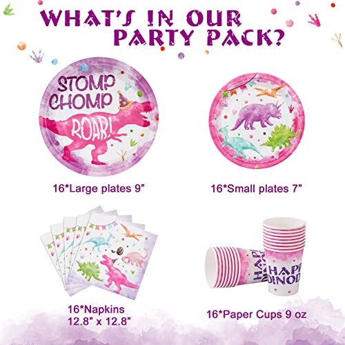 WERNNSAI Pink Dinosaur Party Tableware Set - 64 Pieces Dino Plates, Napkins, Cups for Girls Birthday