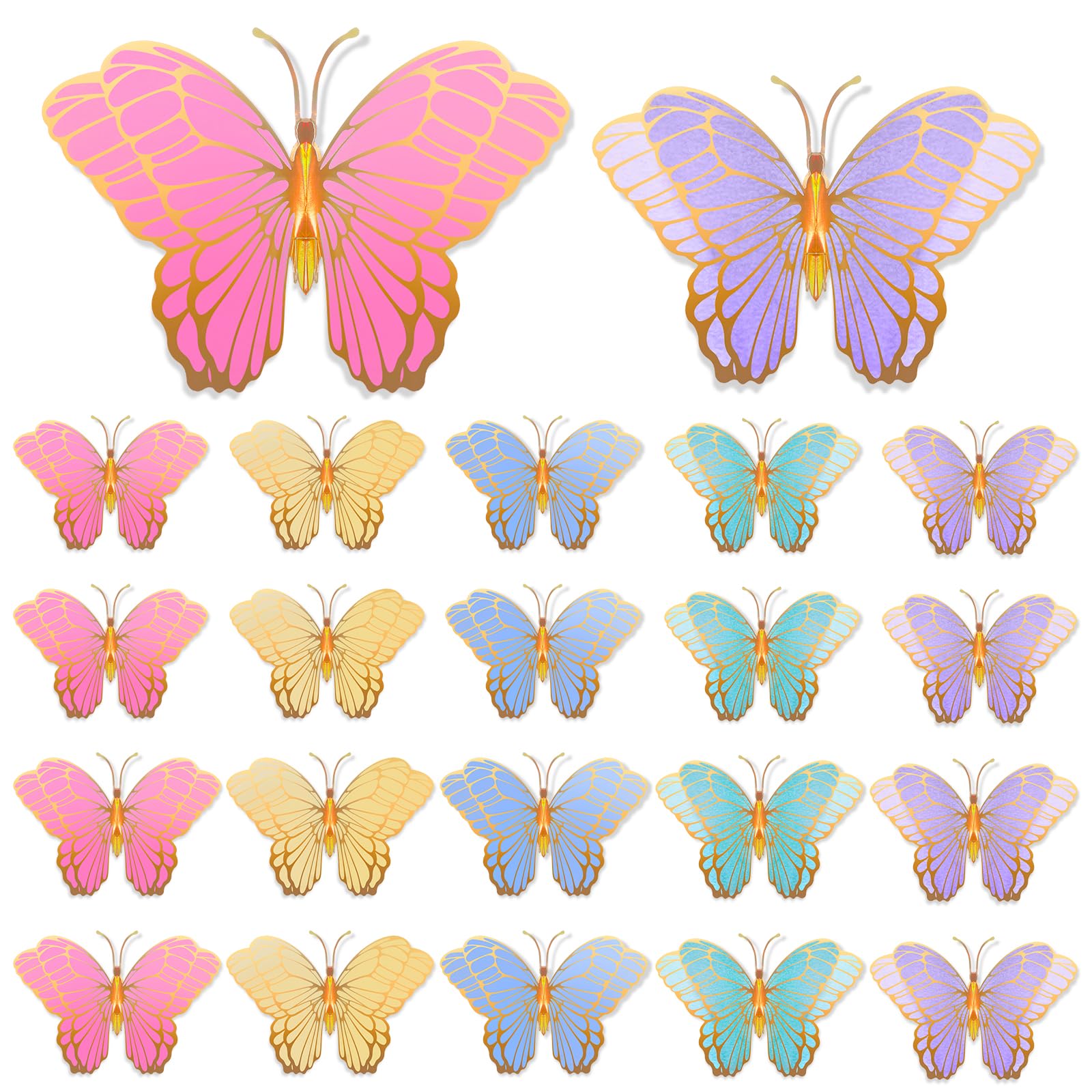 Wettarn 20 Pack 3D Butterfly Table Centerpieces – Gold, Green, Yellow, Purple, Pink & Blue – 10x7 & 12x9 Inches – Mixed Color Party Decor