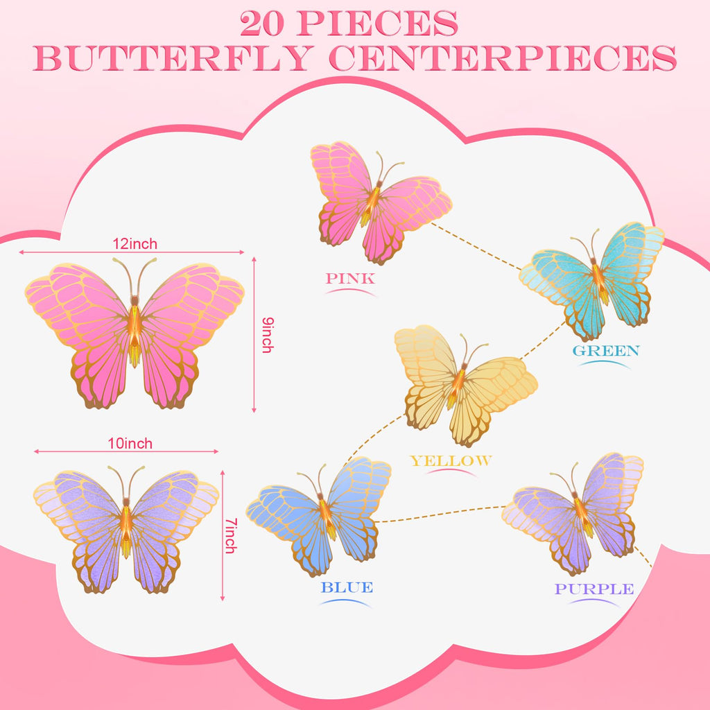 Wettarn 20 Pack 3D Butterfly Table Centerpieces – Gold, Green, Yellow, Purple, Pink & Blue – 10x7 & 12x9 Inches – Mixed Color Party Decor