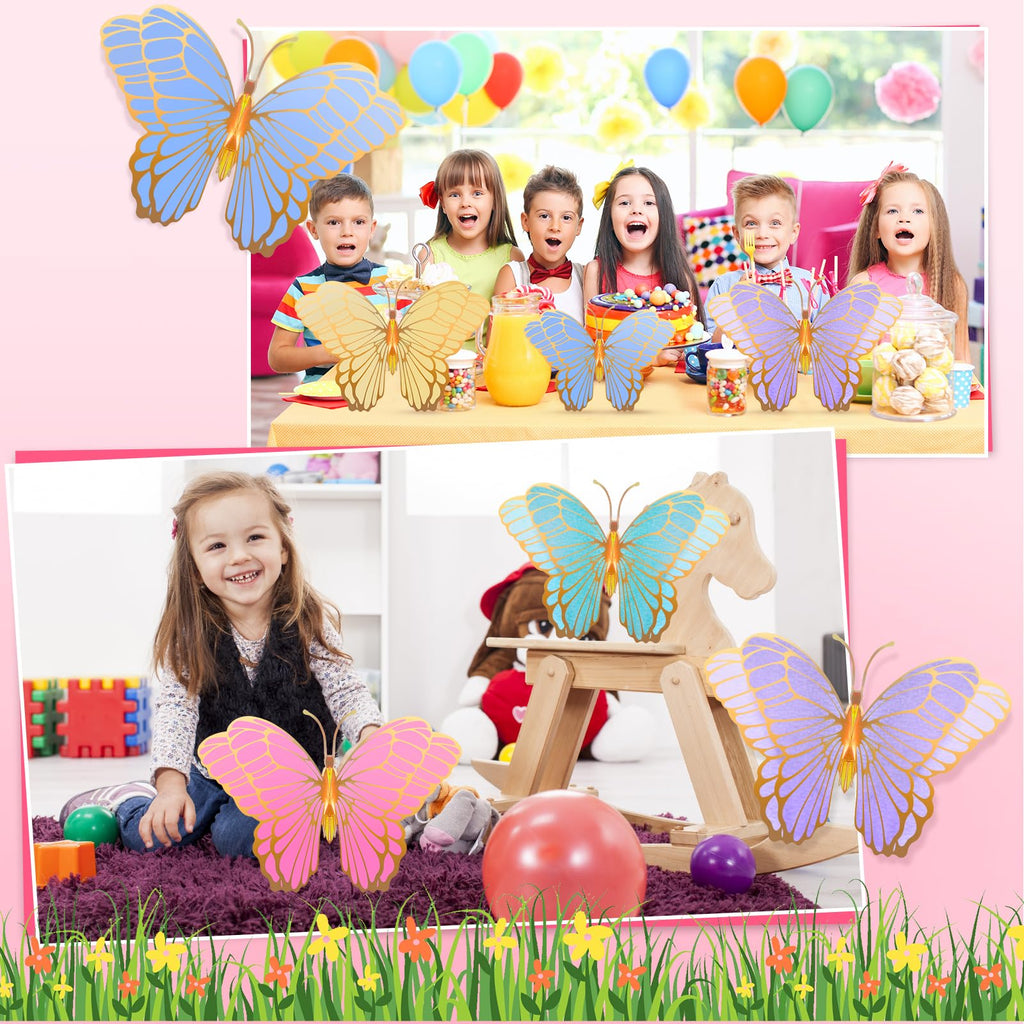 Wettarn 20 Pack 3D Butterfly Table Centerpieces – Gold, Green, Yellow, Purple, Pink & Blue – 10x7 & 12x9 Inches – Mixed Color Party Decor
