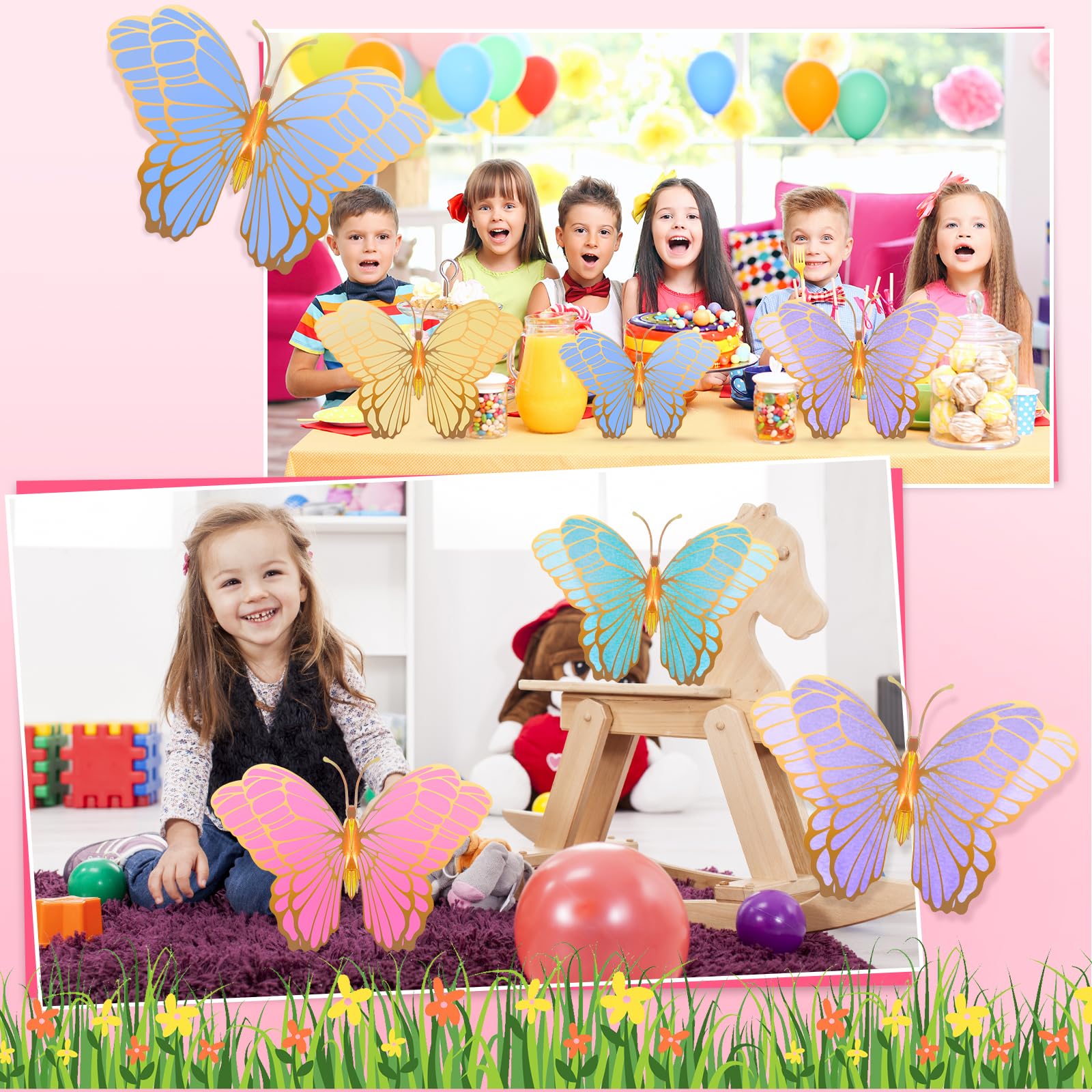 Wettarn 20 Pack 3D Butterfly Table Centerpieces – Gold, Green, Yellow, Purple, Pink & Blue – 10x7 & 12x9 Inches – Mixed Color Party Decor