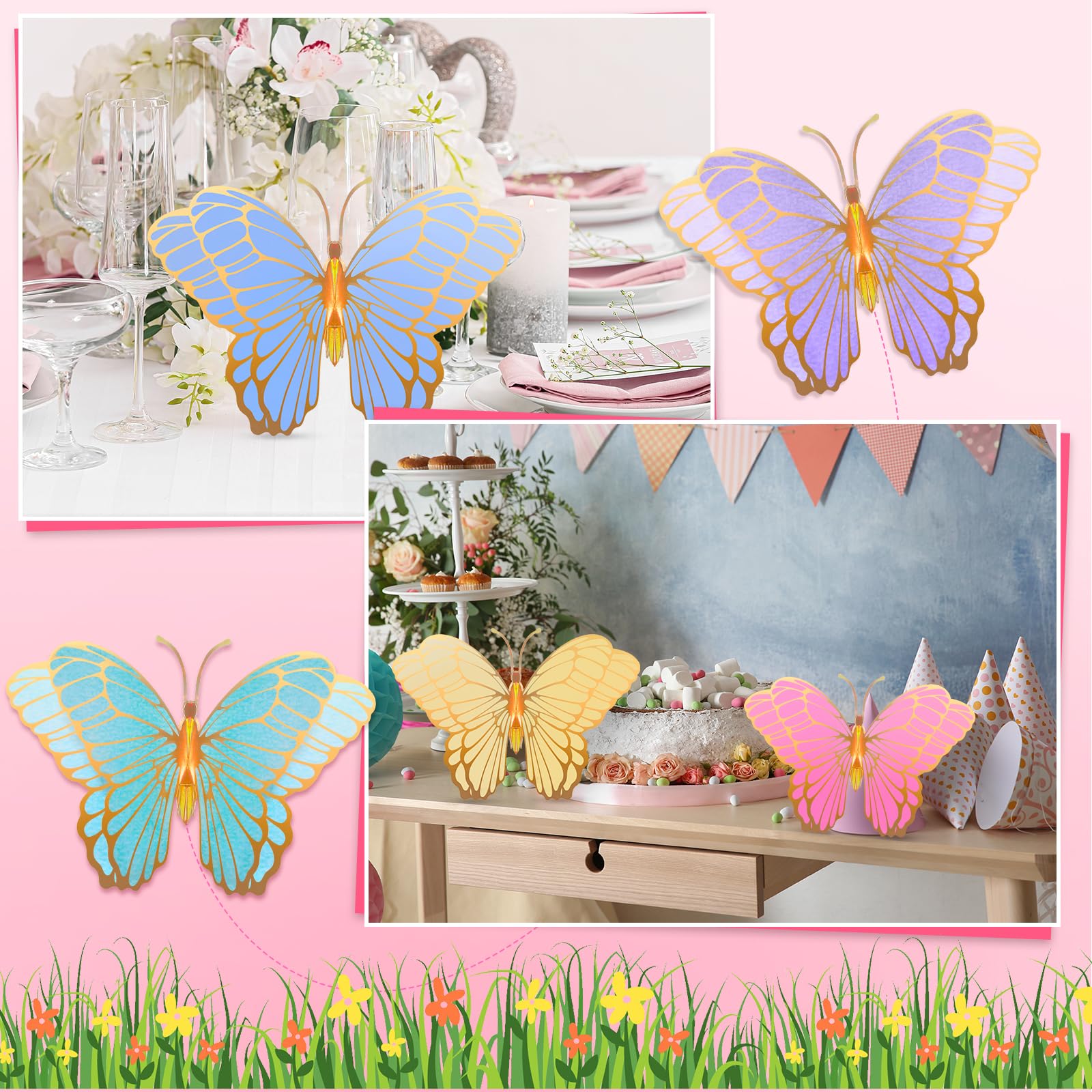 Wettarn 20 Pack 3D Butterfly Table Centerpieces – Gold, Green, Yellow, Purple, Pink & Blue – 10x7 & 12x9 Inches – Mixed Color Party Decor