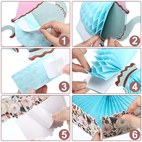 Wettarn 6 Pcs Floral Tea Party Centerpieces – 3D Honeycomb Teapot Decor for Tables