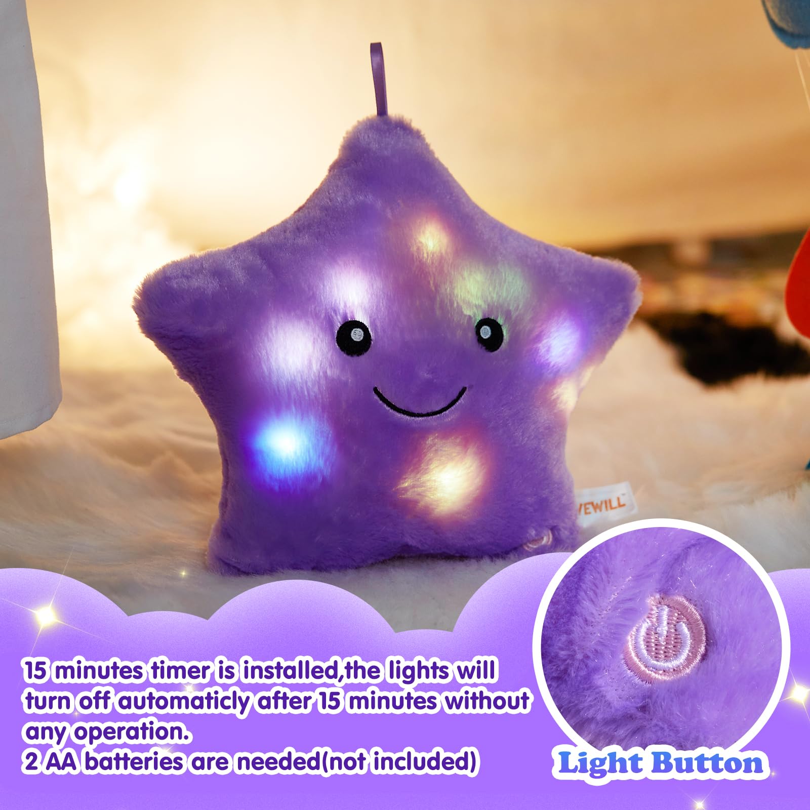 WEWILL 9-Inch LED Twinkle Star Plush Toy - Soft Glowing Stuffed Star with Colorful Night Light, Safe for Toddlers, Purple