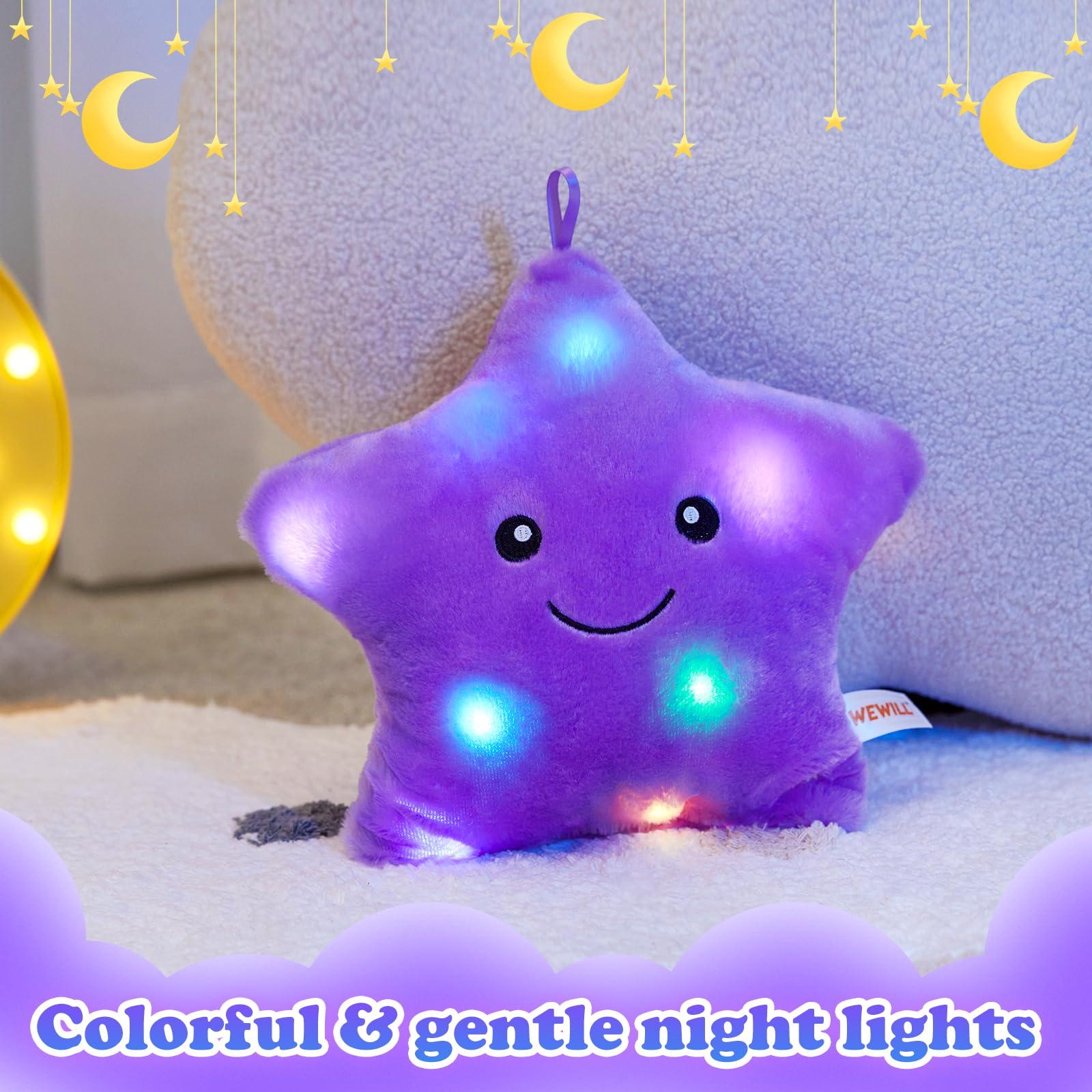 WEWILL 9-Inch LED Twinkle Star Plush Toy - Soft Glowing Stuffed Star with Colorful Night Light, Safe for Toddlers, Purple