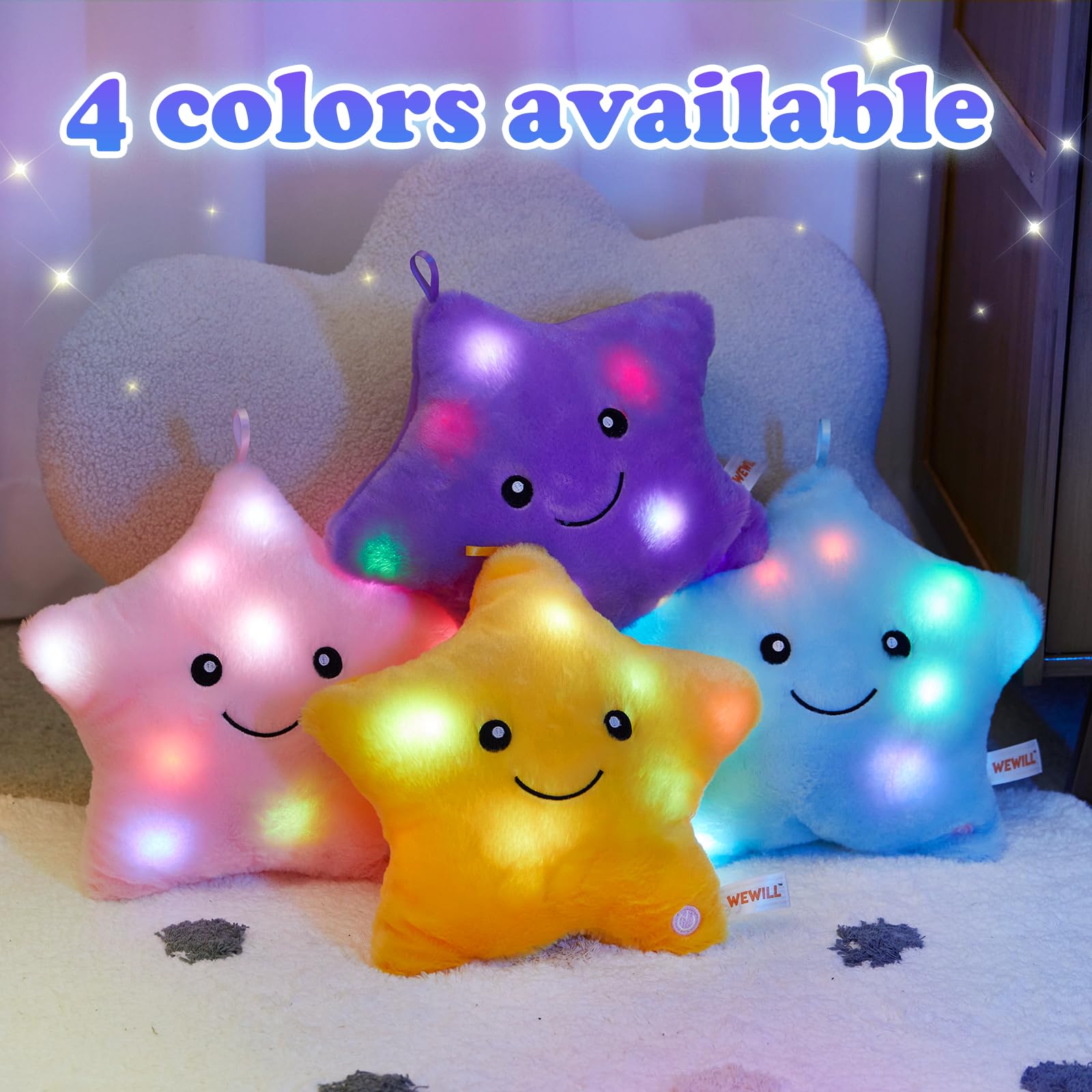 WEWILL 9-Inch LED Twinkle Star Plush Toy - Soft Glowing Stuffed Star with Colorful Night Light, Safe for Toddlers, Purple
