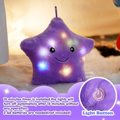 WEWILL 9-Inch LED Twinkle Star Plush Toy - Soft Glowing Stuffed Star with Colorful Night Light, Safe for Toddlers, Purple