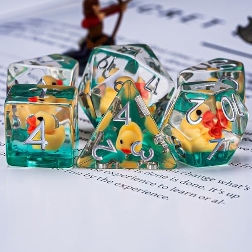 Weyano 7-Piece Resin D&D Dice Set with Duck Charm - Polyhedral RPG Dice for Dungeons & Dragons and Tabletop Games