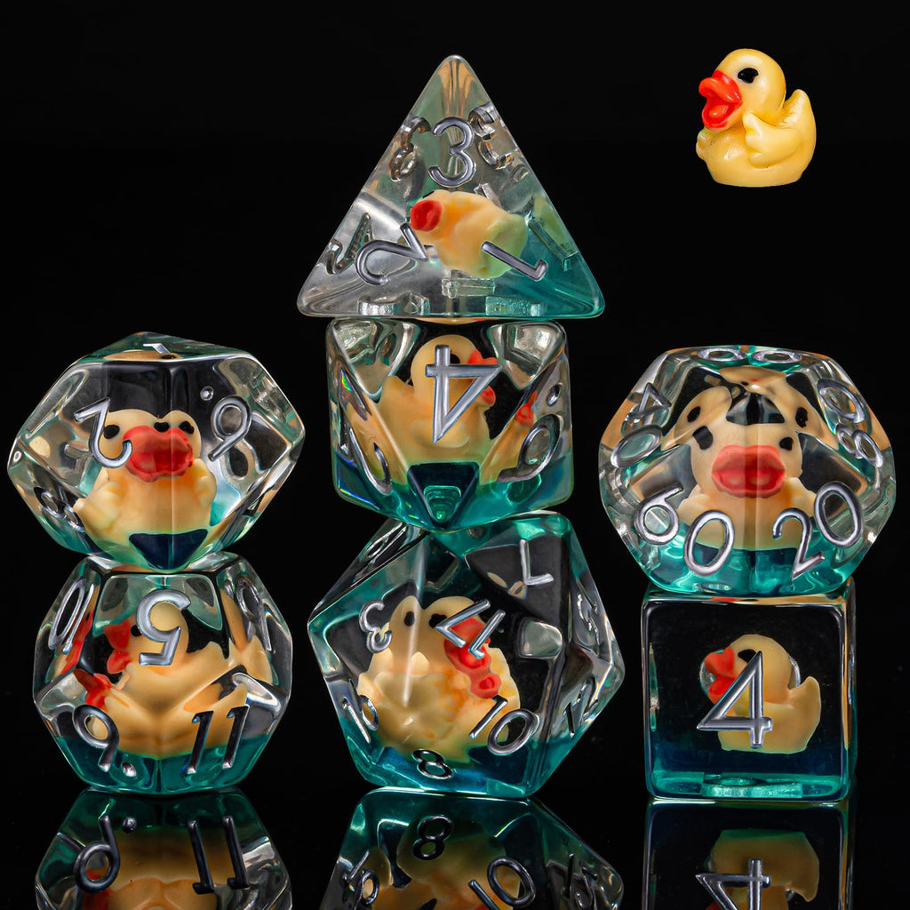 Weyano 7-Piece Resin D&D Dice Set with Duck Charm - Polyhedral RPG Dice for Dungeons & Dragons and Tabletop Games