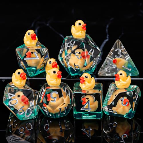 Weyano 7-Piece Resin D&D Dice Set with Duck Charm - Polyhedral RPG Dice for Dungeons & Dragons and Tabletop Games