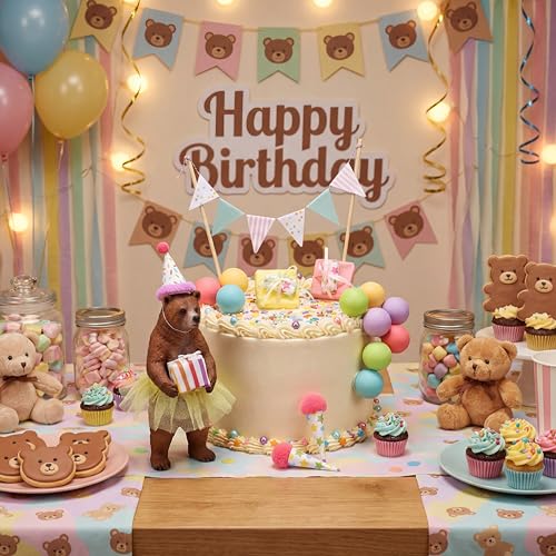 Weysat 19-Piece Brown Bear Cake Topper Set for Birthday & Gender Reveal Parties