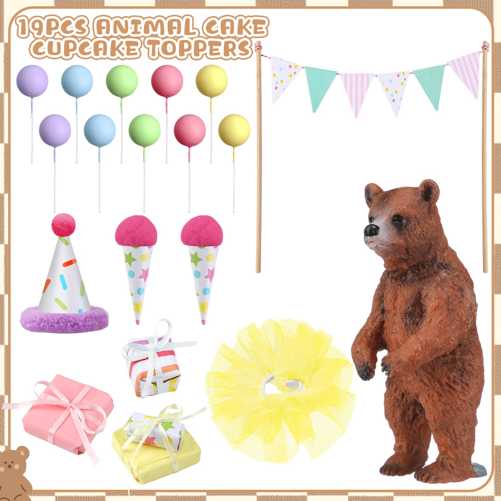 Weysat 19-Piece Brown Bear Cake Topper Set for Birthday & Gender Reveal Parties
