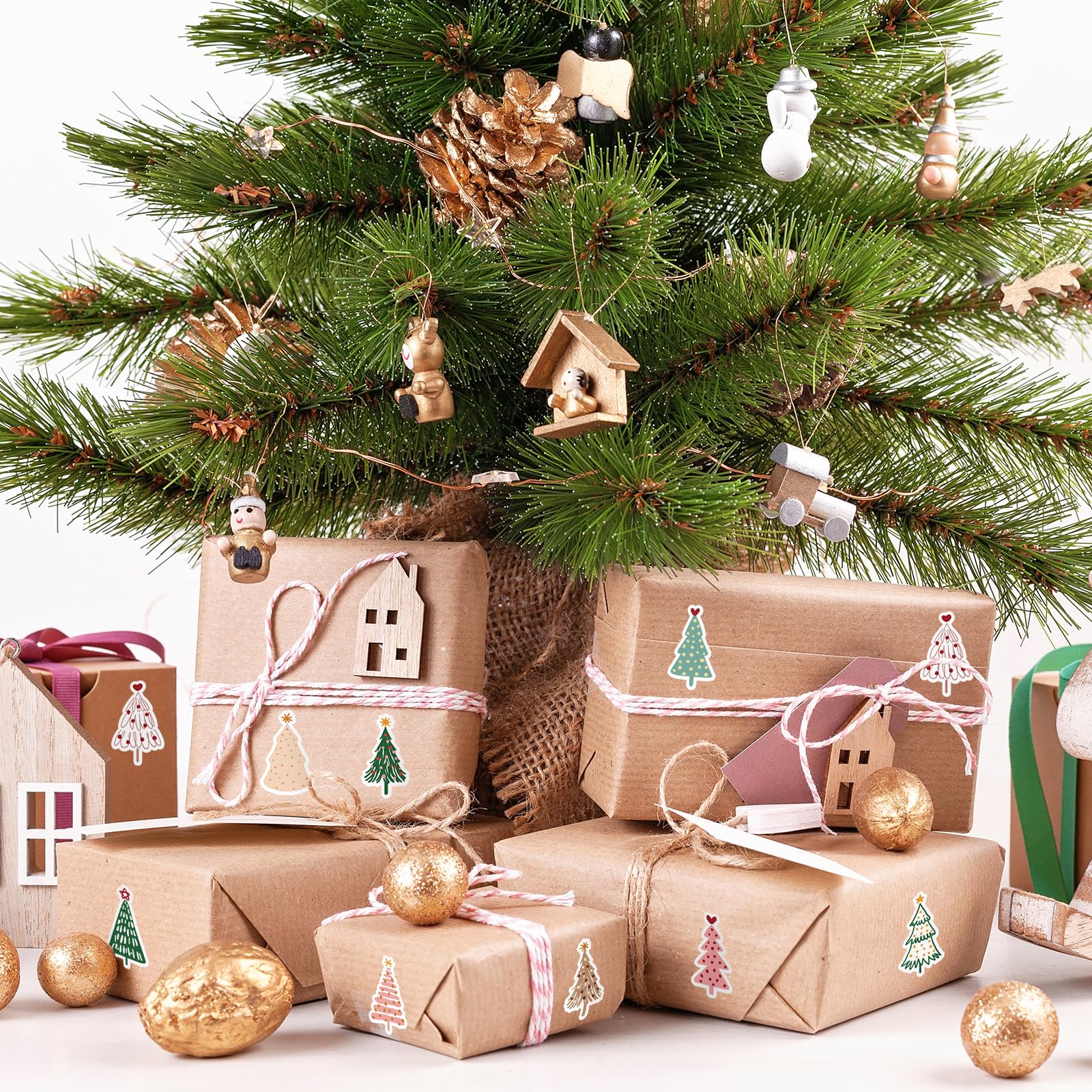 Whaline 1000-Piece Christmas Boho Stickers – 12 Pine Tree Designs, 2 Rolls