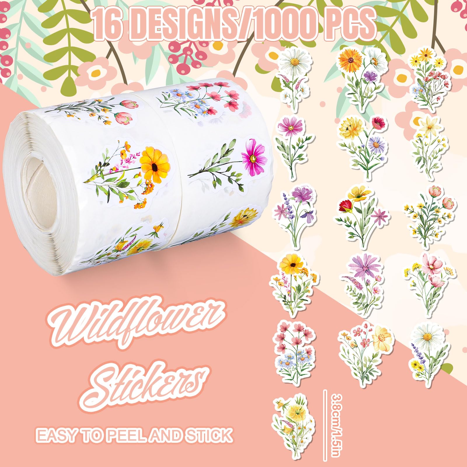 Whaline 1000-Piece Wildflower Stickers Set – Colorful Floral Decals for Envelopes, Scrapbooks & Party Decor
