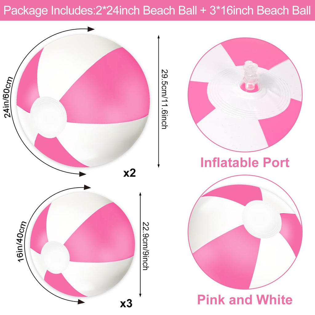 Whaline 5-Piece Inflatable Beach Ball Set - Pink & White PVC Pool Toys (16 & 24 Inch)