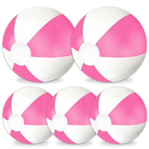 Whaline 5-Piece Inflatable Beach Ball Set - Pink & White PVC Pool Toys (16 & 24 Inch)