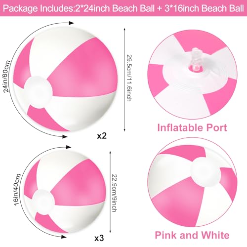 Whaline 5-Piece Inflatable Beach Ball Set - Pink & White PVC Pool Toys (16 & 24 Inch)