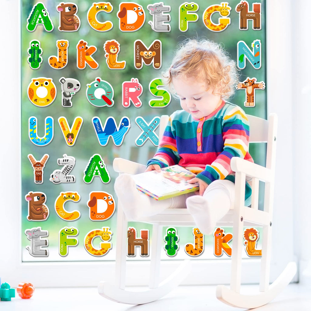 Whaline 52-Piece Alphabet Gel Clings with Animal Designs – Reusable Uppercase Letter Stickers for Windows, Mirrors, and Fridge – Preschool Educational Learning Tool