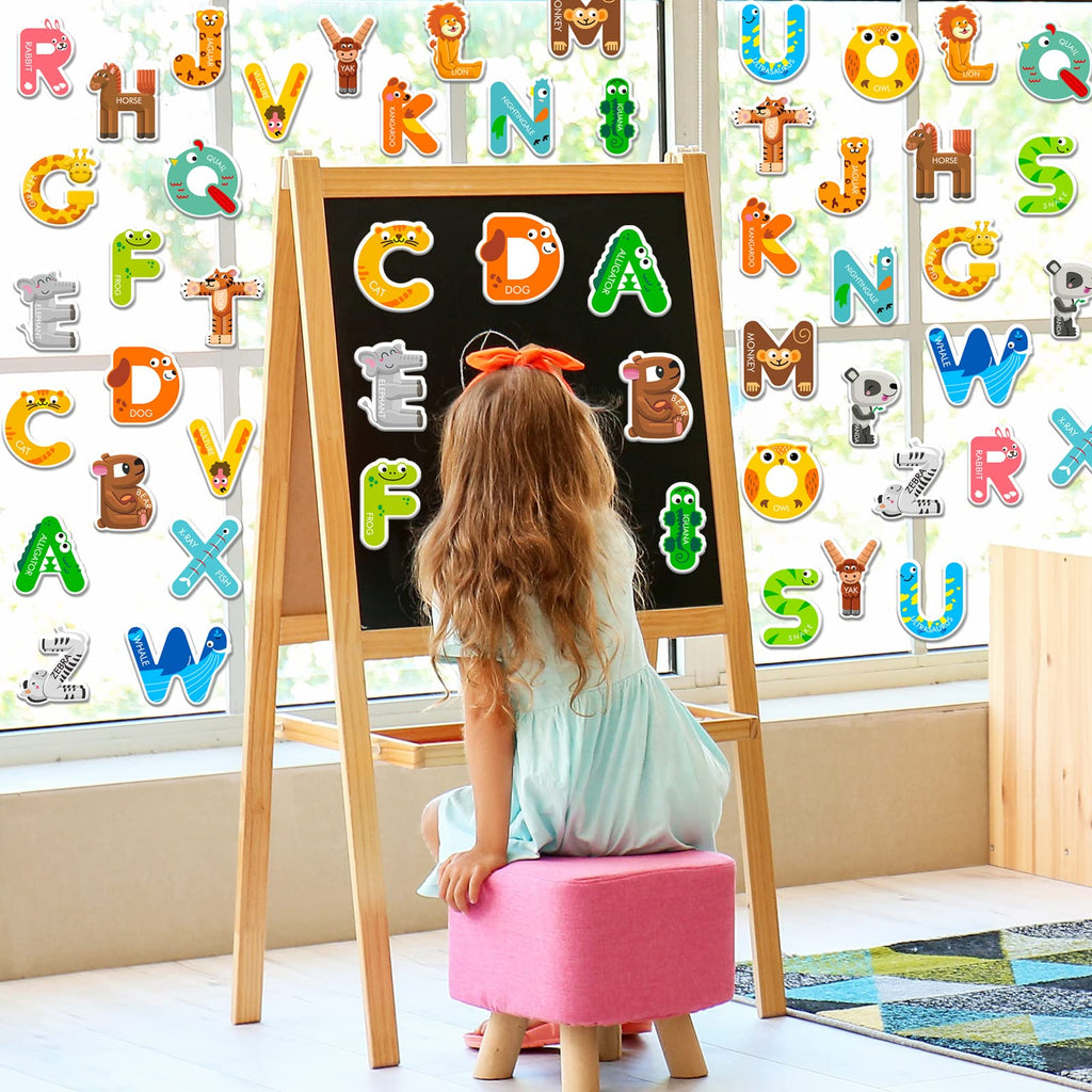 Whaline 52-Piece Alphabet Gel Clings with Animal Designs – Reusable Uppercase Letter Stickers for Windows, Mirrors, and Fridge – Preschool Educational Learning Tool