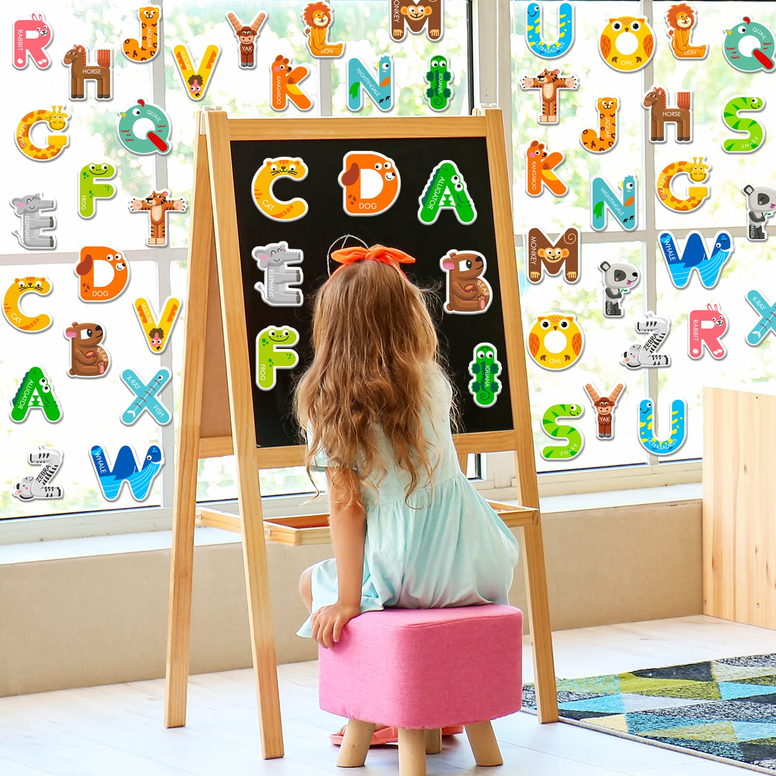 Whaline 52-Piece Alphabet Gel Clings with Animal Designs – Reusable Uppercase Letter Stickers for Windows, Mirrors, and Fridge – Preschool Educational Learning Tool