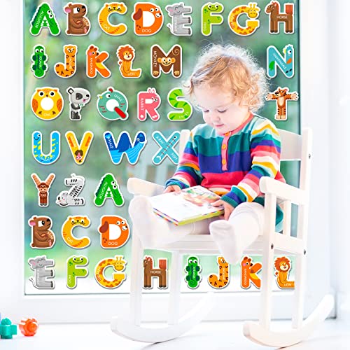 Whaline 52-Piece Alphabet Gel Clings with Animal Designs – Reusable Uppercase Letter Stickers for Windows, Mirrors, and Fridge – Preschool Educational Learning Tool