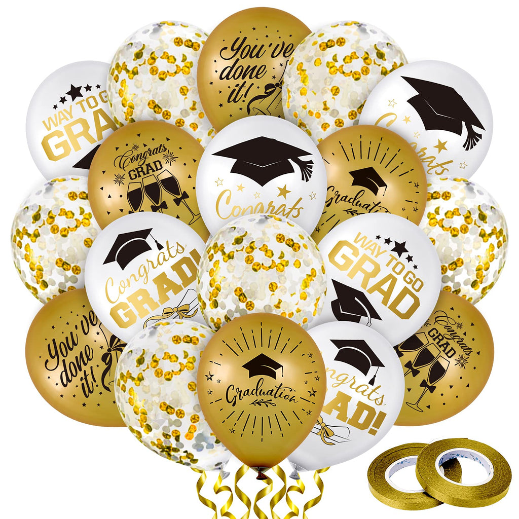 Whaline 60-Piece Graduation Balloon Set with Confetti & Gold Ribbons – 6 Printed Designs + 12 Confetti Balloons
