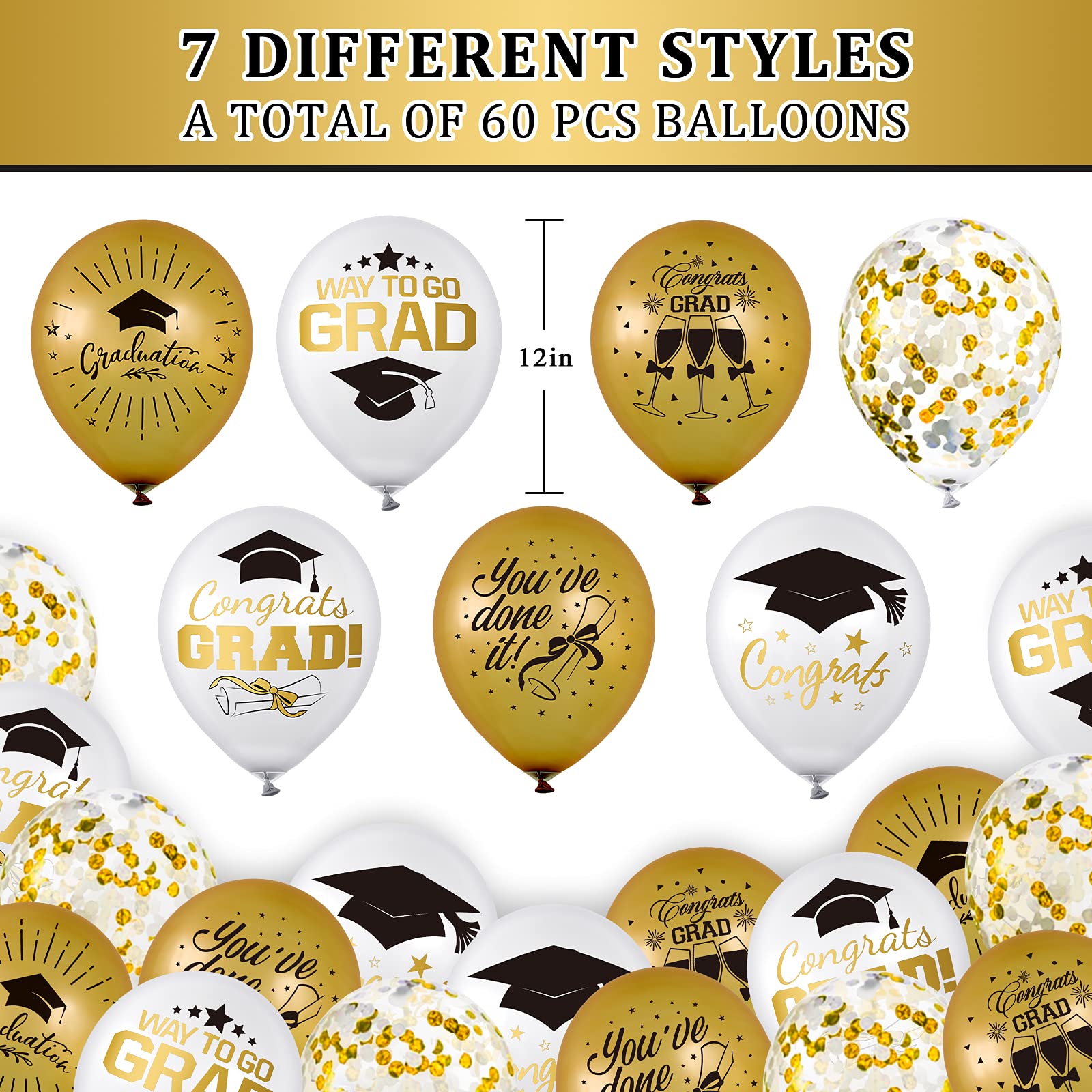 Whaline 60-Piece Graduation Balloon Set with Confetti & Gold Ribbons – 6 Printed Designs + 12 Confetti Balloons